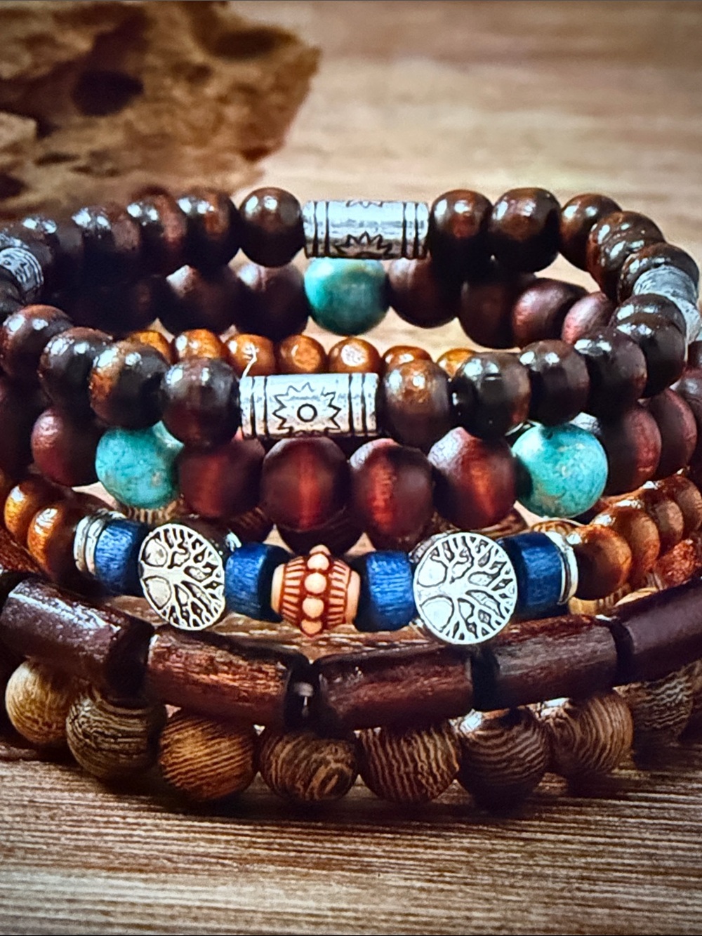 Layered Boho Wooden Bead Bracelet Set in Brown, Turquoise & Blue